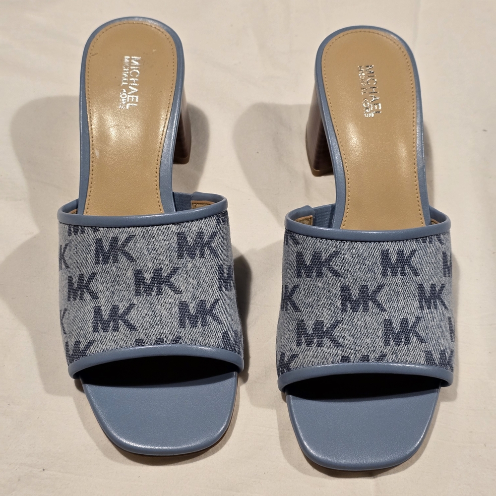 *** SOLD*****Michael Kors Hannah Blue Denim Slide Sandal Logo Print Heeled